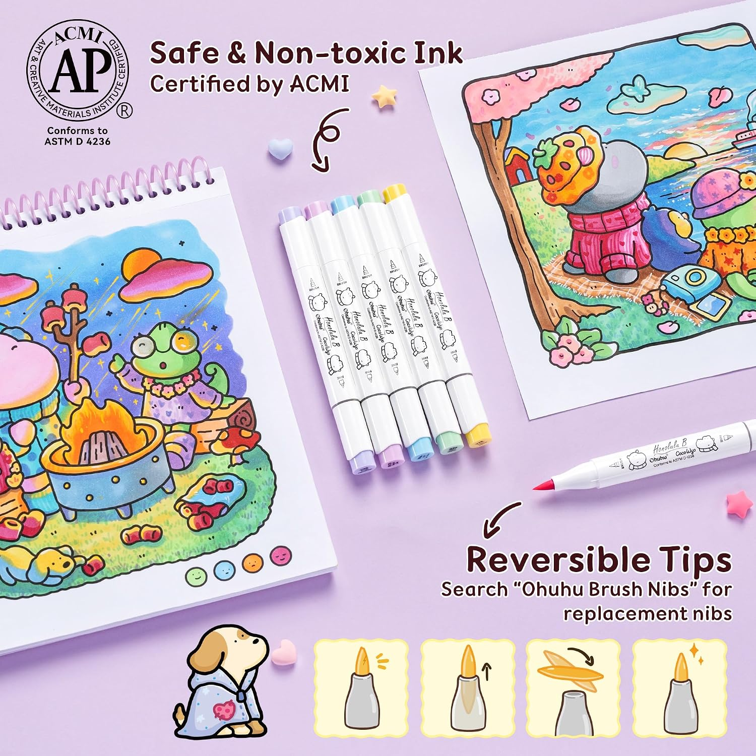 Ohuhu × Coco Wyo Coloring Set 48 Alcohol Markers& Coloring Book Brush& Fine thumbnail 7