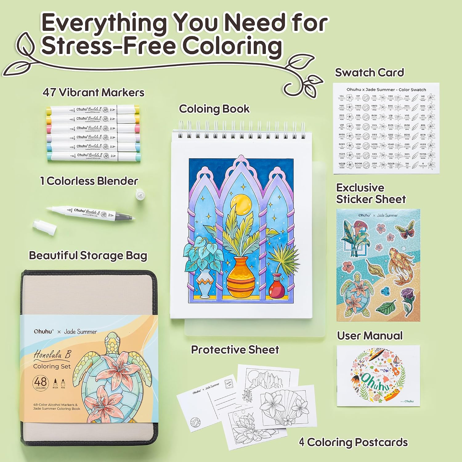 Ohuhu x Jade Summer Coloring Set 47 Alcohol Markers & Coloring Book thumbnail 1
