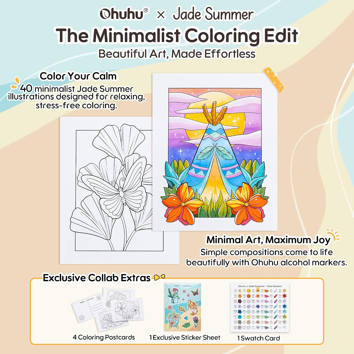 Ohuhu x Jade Summer Coloring Set 47 Alcohol Markers & Coloring Book thumbnail 2